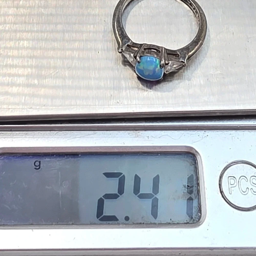 Sterling Silver‎ 925 Blue Opal Trillion CZ Three Stone Ring Size 6.25 Oxidized